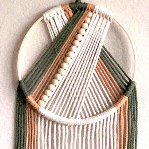 29" Boho Nordic Sage Green Tan Beige Woven Cotton Beaded Wall Hanging Decor New